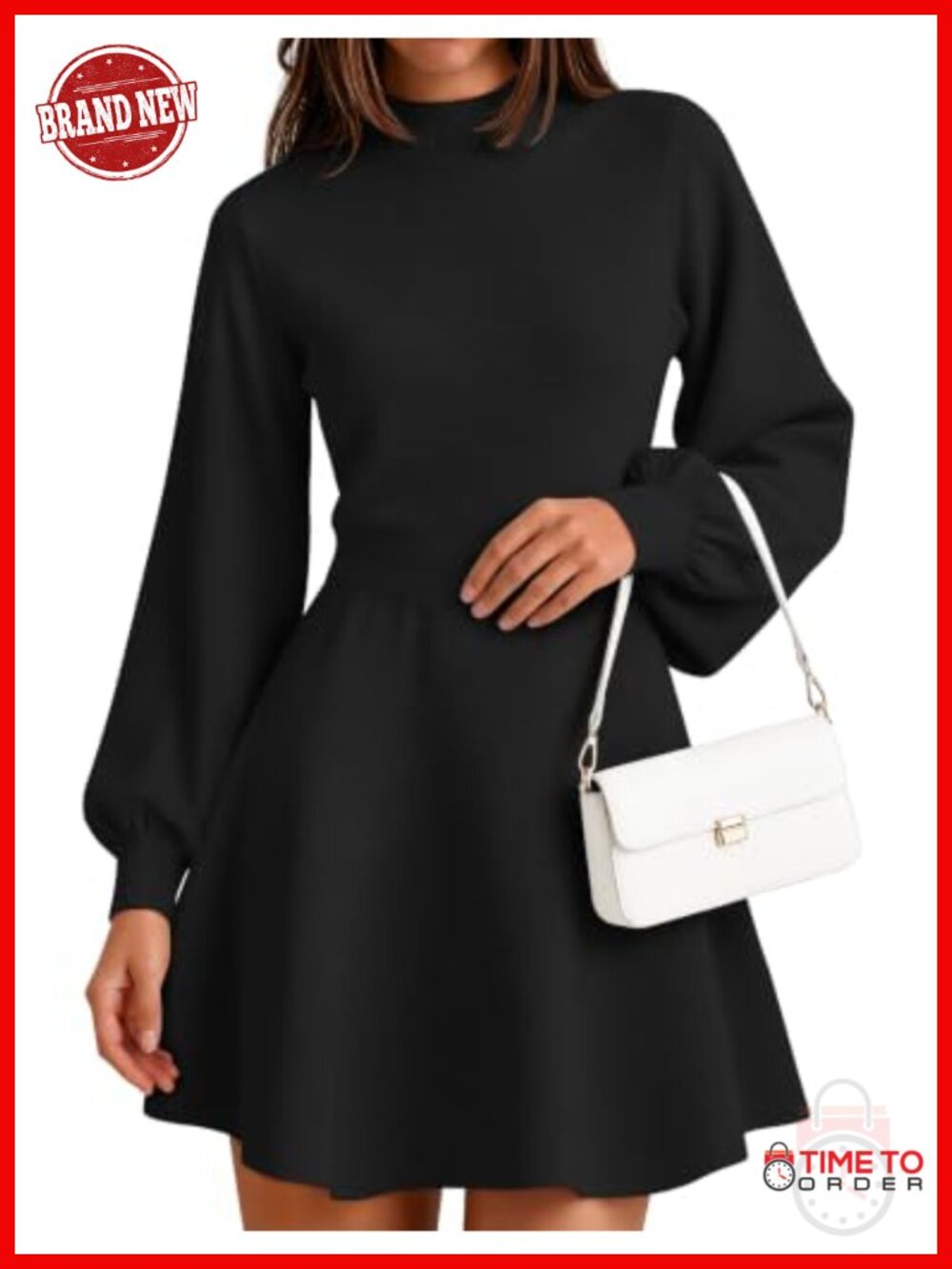Mock Neck Lantern Sleeve Knit Mini Sweater Dress